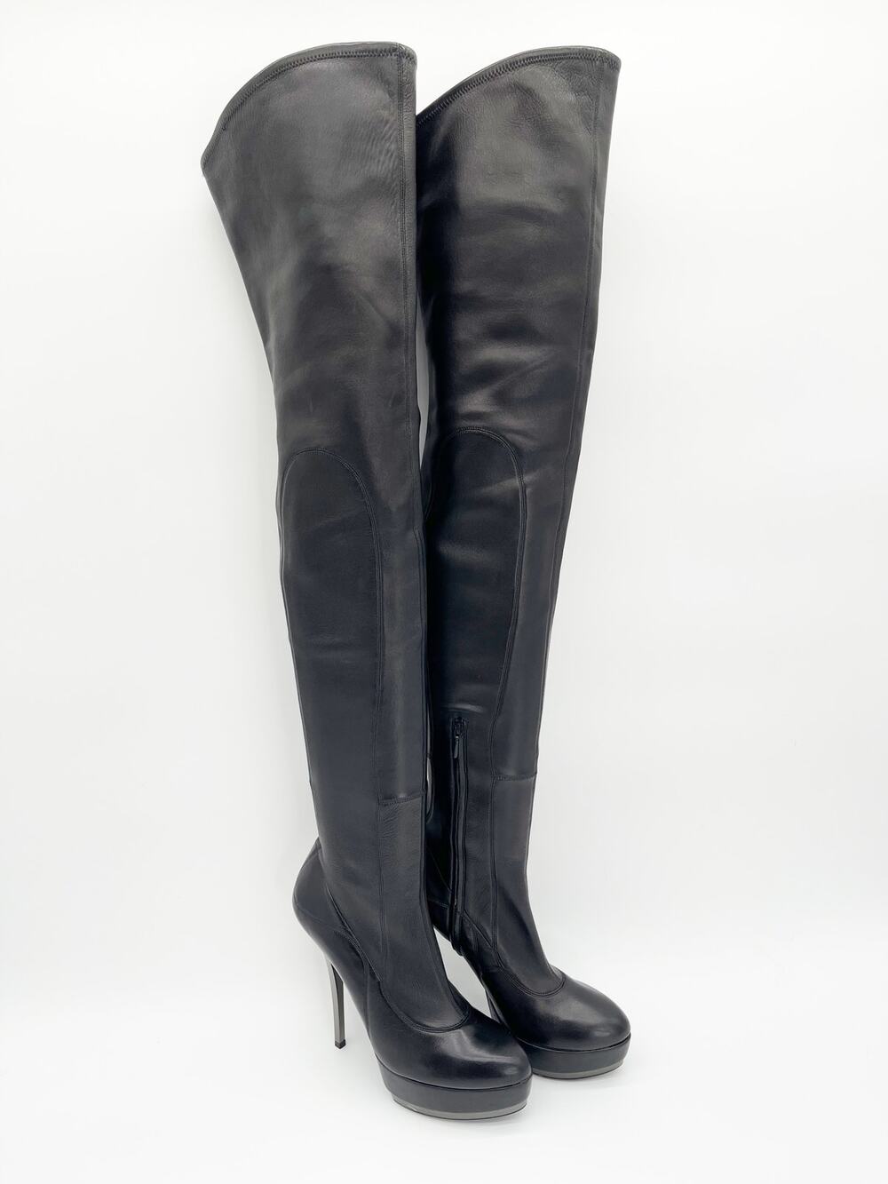Gucci Black Leather Platform Thigh High Partial Zip Heeled Boots EU 38.5